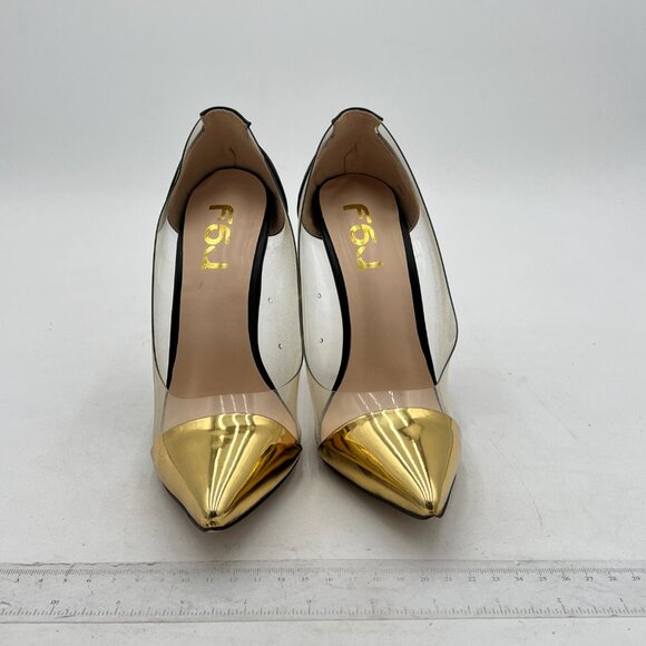 FSJ Gold Clear Gold Metal Chain Chunky High Heel Pointed Toe Slip On Pumps - Picture 3 of 8